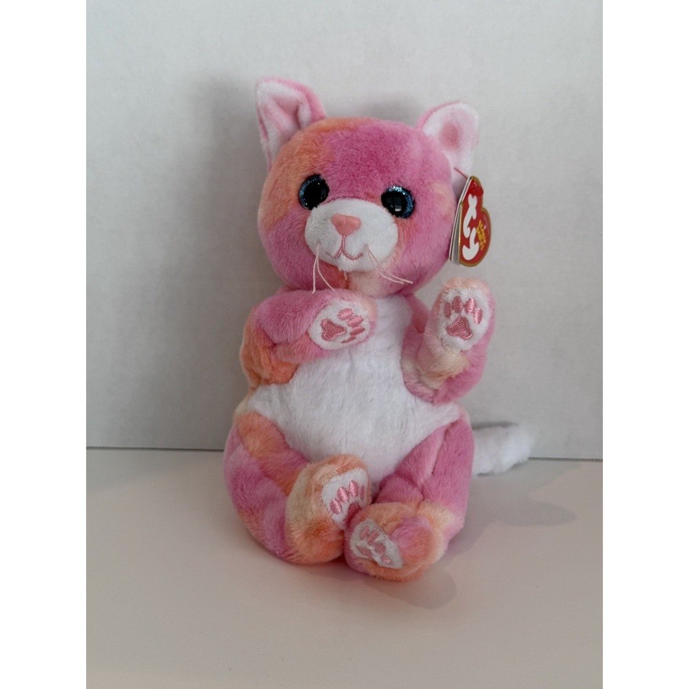 TY Beanie Babies (Bellies) Lillibelle the Pink Tie Dye Cat 6 inch Plush Toy NWT